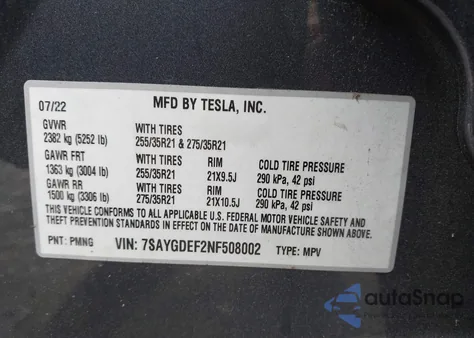 2022 Tesla Model Y Performance Dual Motor All-Wheel Drive z USA, uszkodzony, nr VIN 7SAYGDEF2NF508002